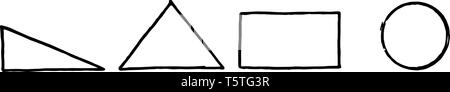 Quattro diversi tipi di sagome o forme: triangolo, triangolo isoscele rettangolo e cerchio, vintage disegno della linea di incisione o illustrazione. Illustrazione Vettoriale