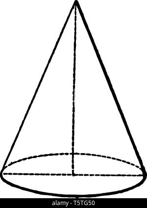 Il cono è un tridimensionale di forma geometrica. L'asse del cono è la linea retta, vintage disegno della linea di incisione o illustrazione. Illustrazione Vettoriale