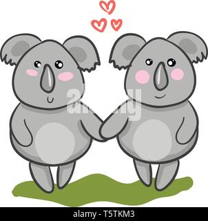 Due cartoni Koala tenendo le mani come stanno in una prateria verde simboleggia l'amore vettore di disegno a colori o illustrazione Illustrazione Vettoriale