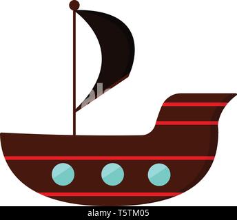 Clipart di navi pirata in marrone e strisce rosse vele come una bandiera nera issata vettore di disegno a colori o illustrazione Illustrazione Vettoriale
