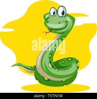 Un serpente verde con punti gialli a sfondo giallo con grandi occhi, il vettore, il colore di disegno o illustrazione. Illustrazione Vettoriale