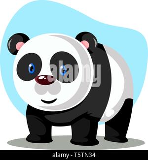 Un panda in bianco e nero con orecchie rosa, azzurro sfondo, vettore, il colore di disegno o illustrazione. Illustrazione Vettoriale