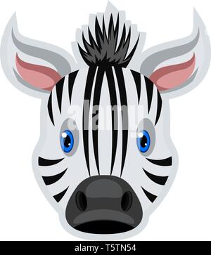 Una zebra faccia in bianco e nero con strisce, con gli occhi blu e orecchie rosa, il vettore, il colore di disegno o illustrazione. Illustrazione Vettoriale
