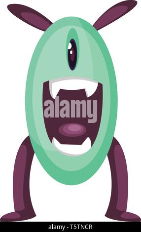 Emozionato Green monster carattere con viola le gambe e le orecchie illustrazione vettoriale su sfondo bianco. Illustrazione Vettoriale