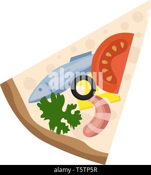 Un trancio di pizza con piatti a base di frutti di mare e verdure illustrazione vettore su sfondo bianco Illustrazione Vettoriale