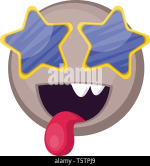 Grigio emoji felice con la faccia a forma di stella occhiali da sole illustrazione vettoriale su sfondo bianco Illustrazione Vettoriale