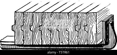 Questa immagine rappresenta il morsetto in acciaio che viene usato per tenere un legno vintage disegno della linea di incisione o illustrazione. Illustrazione Vettoriale