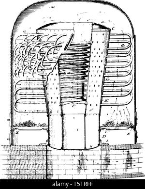 Questa immagine rappresenta la caldaia a vapore il motore che viene utilizzato per scopi di marino vintage disegno della linea di incisione o illustrazione. Illustrazione Vettoriale