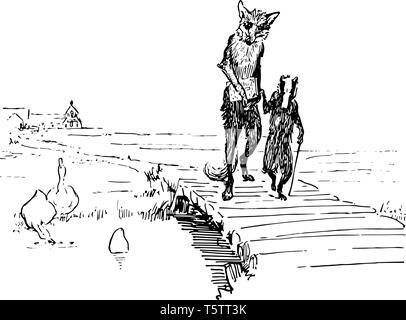 Reynard the Fox: Camminando con Grimbard questa scena mostra la Volpe azienda prenota e il badger camminare insieme sul ponte e gli uccelli in acqua vintage Illustrazione Vettoriale