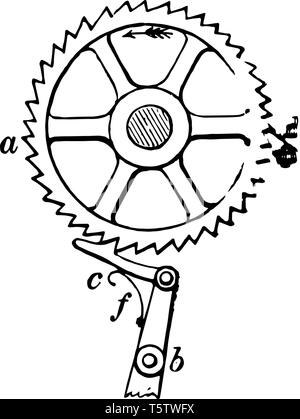 Questa immagine rappresenta la funzione di ruota a cricco vintage disegno della linea di incisione o illustrazione. Illustrazione Vettoriale
