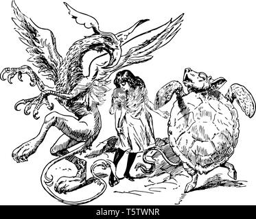 Alice nel Paese delle Meraviglie questa scena mostra una tartaruga e eagle guardando ogni altro e una ragazza tra di loro guardando in giù la linea vintage disegno o engrav Illustrazione Vettoriale