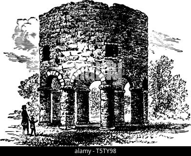 Vecchio mulino in pietra in cima mill street Touro park è un mulino circolare avente una altezza di 28 piedi larghezza 24 piedi linea vintage disegno. Illustrazione Vettoriale