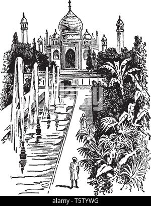 Taj Mahal è un celebre Mausoleo eretto a Agra in India da Shah Jehan per sua moglie prediletta, vintage disegno della linea di incisione o illustrazione. Illustrazione Vettoriale