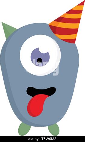 Un eyed monster con un compleanno hat e un rosso bloccato con la lingua di fuori, il vettore, il colore di disegno o illustrazione. Illustrazione Vettoriale