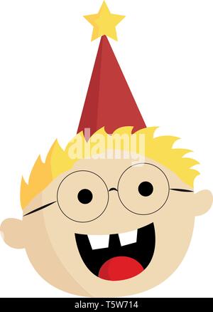 Un abbastanza felice ragazzo con capelli biondi bicchieri indossa un rosso cappuccio di compleanno con una stella gialla sulla parte superiore del vettore di disegno a colori o illustrazione Illustrazione Vettoriale