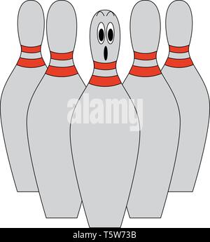 Un set di cinque di colore grigio pin bowling con un perno al centro di essere costernati tutti i perni con red dual strisce intorno al collo del vettore disegnare a colori Illustrazione Vettoriale