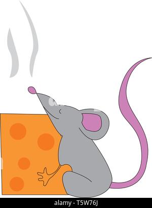 Un ratto grigio avente Orecchie rosa naso e la coda sono abbracciando un pezzo quadrato di giallo vettore di formaggio il colore di disegno o illustrazione Illustrazione Vettoriale