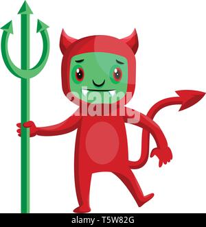 Cartoon diavolo rosso con la faccia di verde e trident illustrazione vettoriale su sfondo bianco. Illustrazione Vettoriale