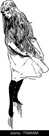 Alice nel Paese delle Meraviglie questa scena mostra una ragazza con i capelli lunghi che guarda le sue gambe mentre tiene il suo top in mani linea vintage disegno o incisione illustr Illustrazione Vettoriale