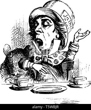 Alice nel Paese delle Meraviglie questa scena mostra un uomo seduto e tavolo di fronte a lui due tazze e piastra tenuta sulla tavola egli si sente assonnato vintage disegno di linea Illustrazione Vettoriale