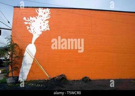 Un dipinto di una carota è su un muro nel centro di Portland, O. Foto Stock