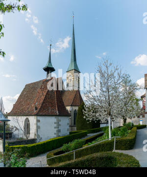 Zugo, ZG / Svizzera - 20 Aprile, 2019: vista sulla storica chiesa di Saint Oswald nella città di Zugo su una bella serata primaverile Foto Stock