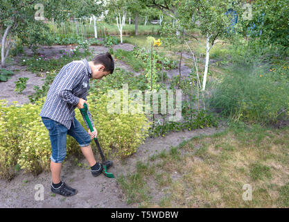 Un giovane uomo tiene lontano caduta foglie nel giardino in un giardino carriola Foto Stock