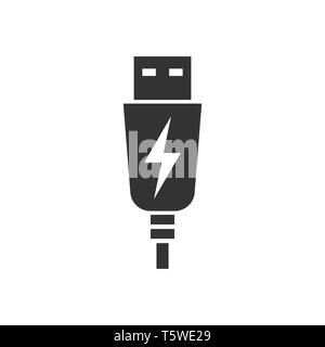 Cavo USB icona in stile appartamento. Caricatore elettrico per illustrazione vettoriale bianco su sfondo isolato. Adattatore batteria concetto di business. Illustrazione Vettoriale