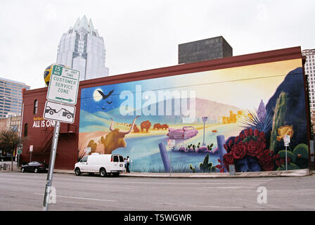 Murale al Hard Rock Cafe (ora aperta chiusa- febbraio 2002 al gennaio 2006.) , 6th Street Austin, Texas, Stati Uniti d'America. Foto Stock