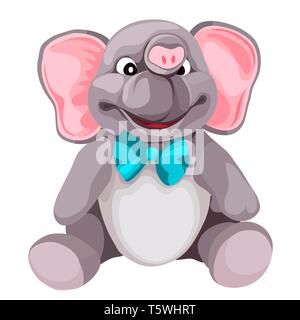 Peluche morbido grigio elefante giocattolo isolati su sfondo bianco. Vector cartoon close-up illustrazione. Illustrazione Vettoriale