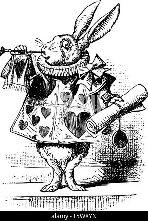 Alice nel Paese delle Meraviglie questa scena mostra un coniglio in abito umano con il cuore di stampa su di essa e tenendo premuto scorrere in una mano e suonare la tromba vintage linea d Illustrazione Vettoriale