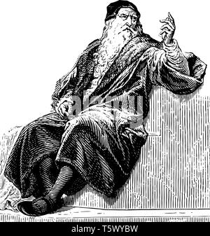 Leonardo Da Vinci 1452 al 1519 egli era un pittore scultura e inventore durante l'alto rinascimento vintage disegno della linea di incisione o illustrazione Illustrazione Vettoriale