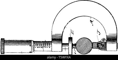 Questa immagine rappresenta il micrometro di Precisione comparatore vite che è utilizzato per misurare accuratamente il diametro di un filo sottile linea vintage disegnare Illustrazione Vettoriale