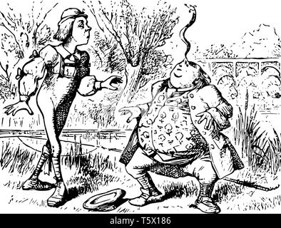 Alice nel Paese delle Meraviglie questa scena mostra due uomini snake batte il naso di un uomo e un altro uomo guardando lui hat sulla terra linea vintage disegno o engravin Illustrazione Vettoriale