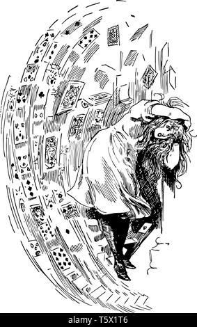 Alice nel Paese delle Meraviglie questa scena mostra una ragazza piegato verso il basso su un lato teneva le sue mani sulla nuca con espressioni di paura sul suo viso vintage disegno di linea Illustrazione Vettoriale