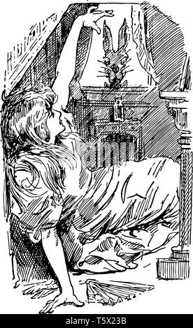 Alice nel Paese delle Meraviglie questa scena mostra una ragazza caduti cercando di ottenere il massimo con il supporto della sua mano destra e kangaroo guardando dalla finestra linea vintage drawi Illustrazione Vettoriale