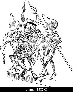 Alice nel Paese delle Meraviglie questa scena mostra re arrestata da due soldati con lance in mani vintage disegno della linea di incisione o illustrazione Illustrazione Vettoriale