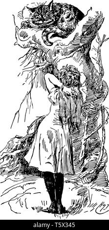Alice nel Paese delle Meraviglie questa scena mostra un gatto con grandi occhi guardando verso il basso in corrispondenza di una ragazza che è permanente e la ragazza teneva le sue entrambe le mani sul retro del collo vintage l Illustrazione Vettoriale