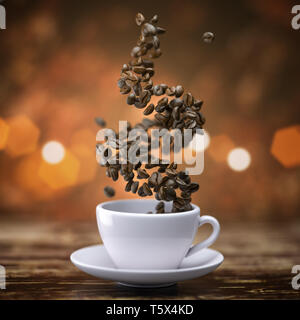 Tazza di caffè con i chicchi di caffè in legno teble. 3d illustrazione Foto Stock