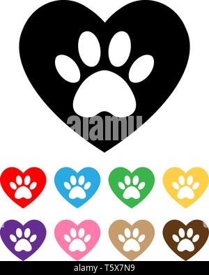 Set di cane e di gatto paw stampa nel cuore. Il cane al via nel cuore. Illustrazione Vettoriale