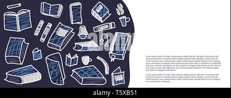 Social media banner modello con libro ambientato in stile scarabocchio. Prenota club concetto. Simboli di lettura con uno spazio vuoto per il testo. Illustrazione Vettoriale. Illustrazione Vettoriale