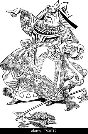 Alice nel Paese delle Meraviglie questa scena mostra un uomo qualcosa di puntamento dalla mano destra e tenendo un uccello nella mano sinistra linea vintage disegno o incisione illust Illustrazione Vettoriale