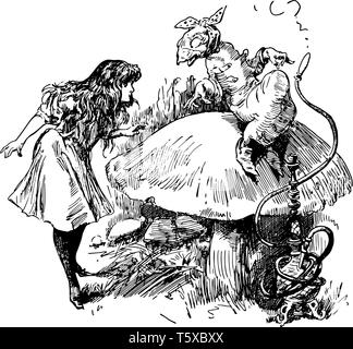 Alice nel Paese delle Meraviglie questa scena mostra un ratto seduta sul fungo e una ragazza in piedi guardando ogni altra linea vintage disegno o incisione illustratio Illustrazione Vettoriale