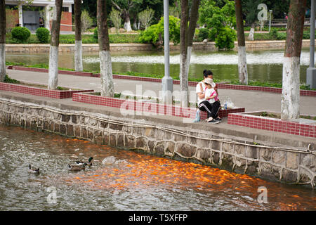 Il popolo cinese di alimentazione per alimentare di anatra e di fantasia o di carpe Koi pesci in laghetto di acqua nel giardino di Zhongshan Park in Shantou Swatow o città il 9 maggio 2018 Foto Stock