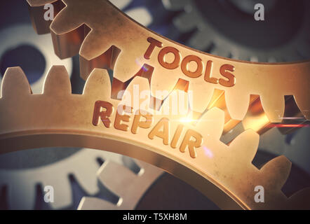 Strumenti di riparazione sul meccanismo di ruote dentate d'oro. Tools Repair oro metallizzato Cog marce. Il rendering 3D. Foto Stock