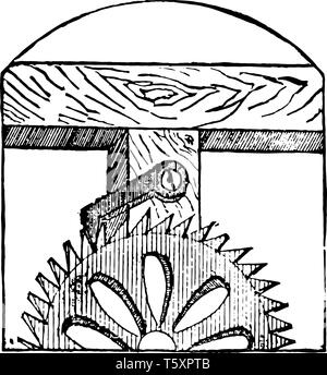 Questa immagine rappresenta il nottolino di arresto che viene utilizzato in macchinari e strumenti vintage disegno della linea di incisione o illustrazione. Illustrazione Vettoriale