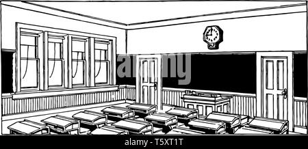 Classroom riempito con scrivanie o edificio scolastico, scuola camera, attività, vintage disegno della linea di incisione o illustrazione. Illustrazione Vettoriale