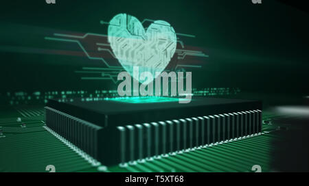 Amore e il concetto di salute con ologramma di cuore sulla CPU di lavoro in background. Scheda di circuito 3d'illustrazione. Romantico, cyber dating, rendez-vous e med. Foto Stock