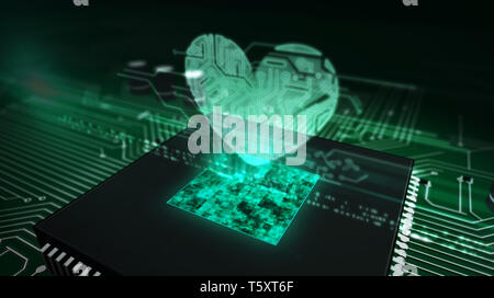 Amore e il concetto di salute con ologramma di cuore sulla CPU di lavoro in background. Scheda di circuito 3d'illustrazione. Romantico, cyber dating, rendez-vous e med. Foto Stock