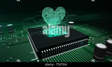 Amore e il concetto di salute con ologramma di cuore sulla CPU di lavoro in background. Scheda di circuito 3d'illustrazione. Romantico, cyber dating, rendez-vous e med. Foto Stock